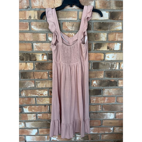 Monteau Women’s Light Pink Ruffled Linen Blend Boho Midi Dress Size Medium - Picture 2 of 5